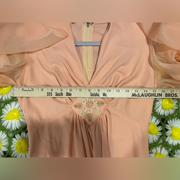 Vintage 70s size 9 princess sleeve peach beaded butterfly center maxi dress - Picture 2 of 16